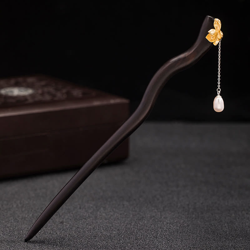 Buddha Stones 925 Sterling Silver Classico Stile Cinese Ebano Fiore di Loto Perla Nappa Benedizione Forcina per Capelli - image 2