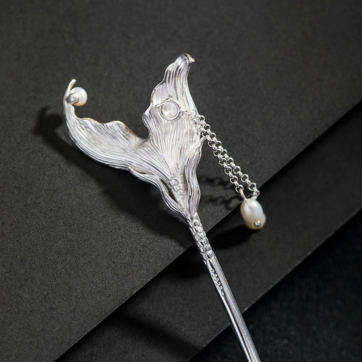 Buddha Stones 925 Sterling Silver Classico Stile Cinese Coda di Pesce Perla Nappa Calma Forcina - image 1
