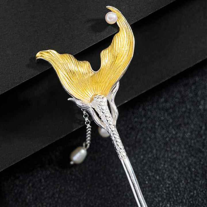 Buddha Stones 925 Sterling Silver Classico Stile Cinese Coda di Pesce Perla Nappa Calma Forcina - image 2