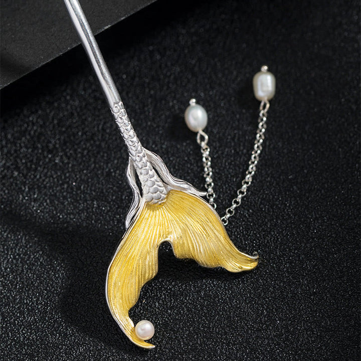 Buddha Stones 925 Sterling Silver Classico Stile Cinese Coda di Pesce Perla Nappa Calma Forcina