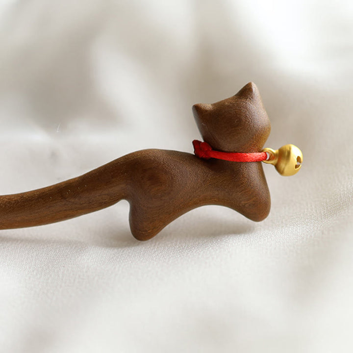 Forcina per capelli in legno di sandalo a forma di gatto in stile cinese classico Buddha Stones