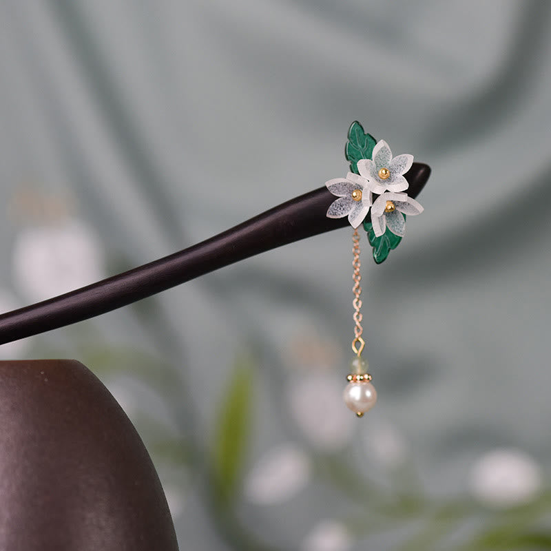 Forcina per capelli in legno con nappa di perle e mughetto di pietre Buddha Stones