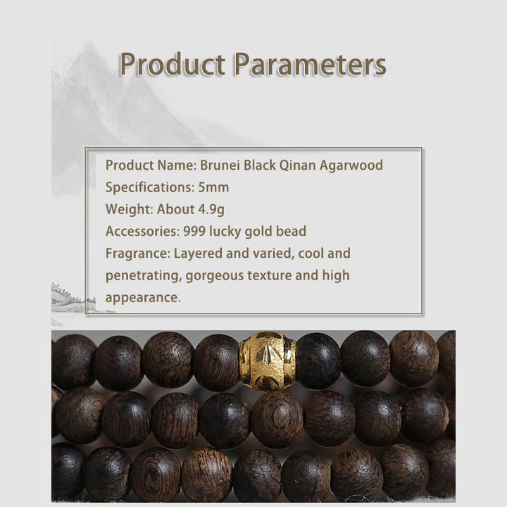 Buddha Stones 108 Mala Beads 999 Gold Bead Raro 5mm Brunei Nero Qinan Agarwood Bracciale Forza della Pace