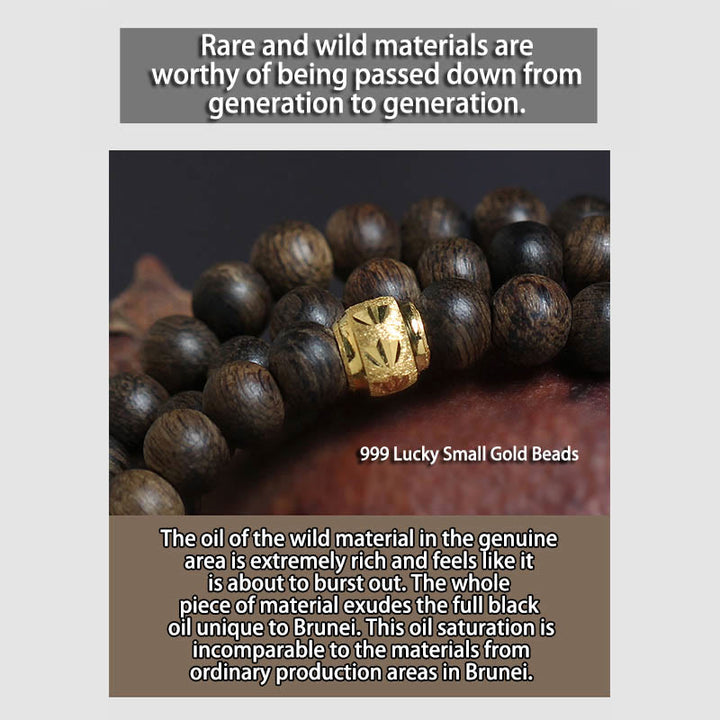 Buddha Stones 108 Mala Beads 999 Gold Bead Raro 5mm Brunei Nero Qinan Agarwood Bracciale Forza della Pace