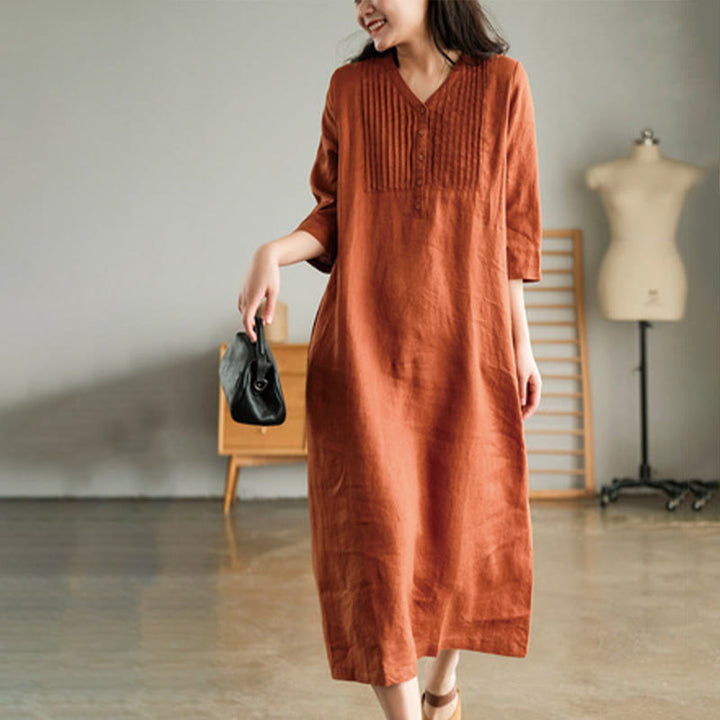 Abito midi in cotone e lino con pieghe a fisarmonica, casual, semplice, con scollo a V, maniche corte e tasche, Buddha Stones - image 8