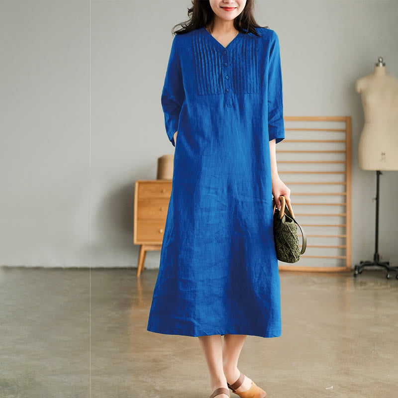 Abito midi in cotone e lino con pieghe a fisarmonica, casual, semplice, con scollo a V, maniche corte e tasche, Buddha Stones - DodgerBlue - US12, UK/AU16, EU44 (3XL) - image 5