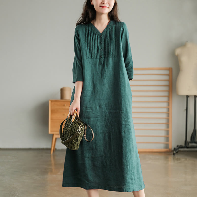 Abito midi in cotone e lino con pieghe a fisarmonica, casual, semplice, con scollo a V, maniche corte e tasche, Buddha Stones - image 3
