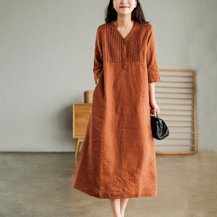 Abito midi in cotone e lino con pieghe a fisarmonica, casual, semplice, con scollo a V, maniche corte e tasche, Buddha Stones - image 10