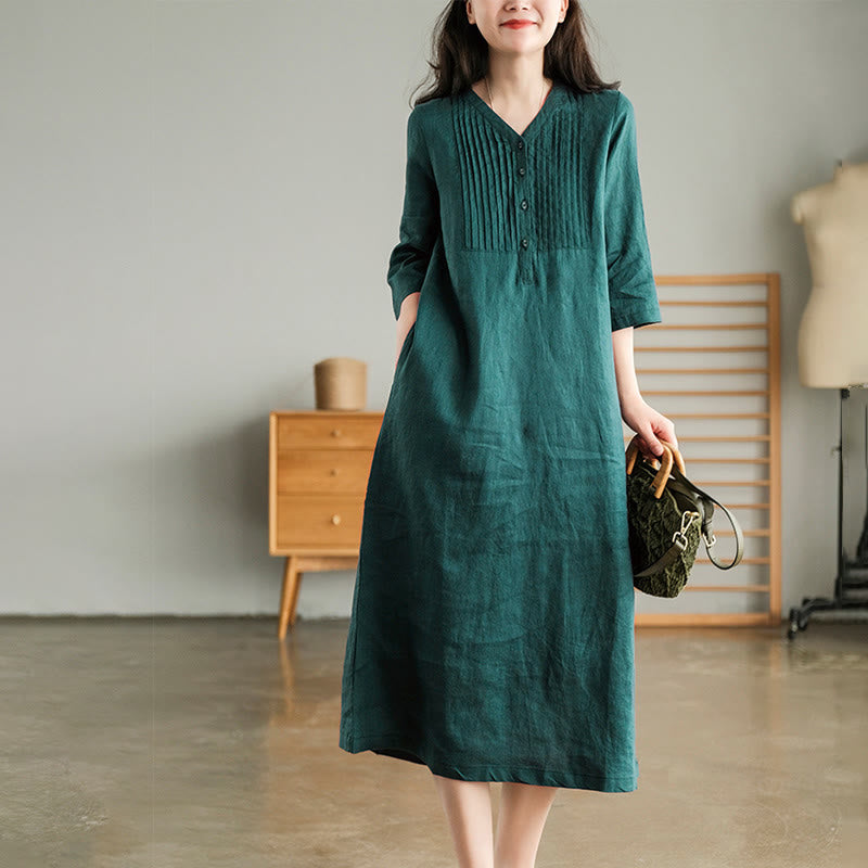 Abito midi in cotone e lino con pieghe a fisarmonica, casual, semplice, con scollo a V, maniche corte e tasche, Buddha Stones - Verde acqua - US12, UK/AU16, EU44 (3XL) - image 1