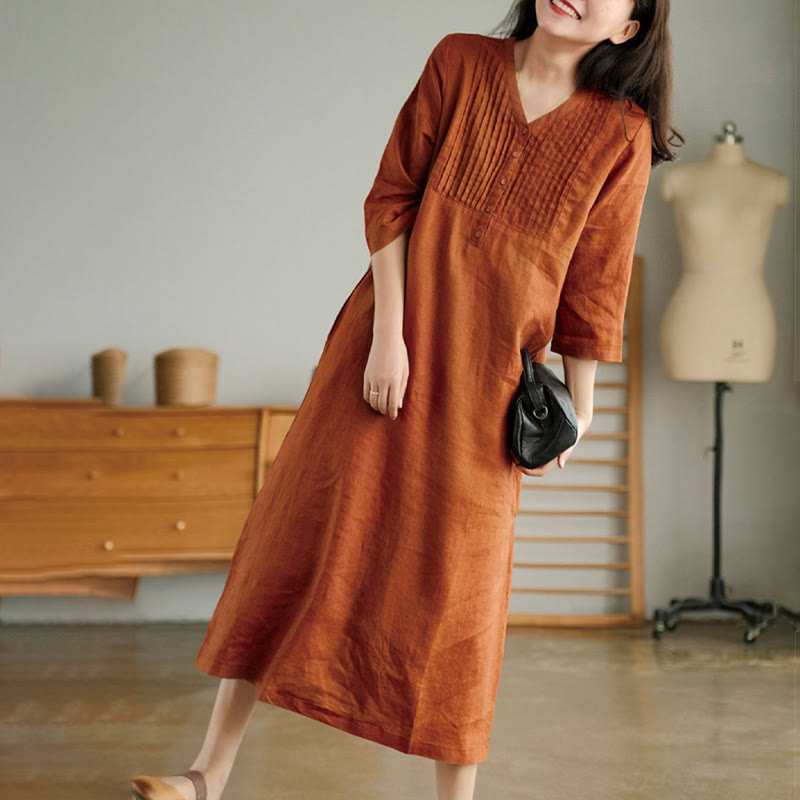 Abito midi in cotone e lino con pieghe a fisarmonica, casual, semplice, con scollo a V, maniche corte e tasche, Buddha Stones - image 9