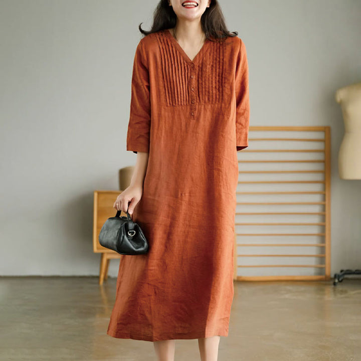 Abito midi in cotone e lino con pieghe a fisarmonica, casual, semplice, con scollo a V, maniche corte e tasche, Buddha Stones - Corallo - US12, UK/AU16, EU44 (3XL) - image 7