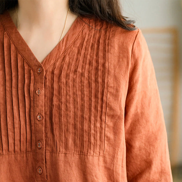 Abito midi in cotone e lino con pieghe a fisarmonica, casual, semplice, con scollo a V, maniche corte e tasche, Buddha Stones - image 14