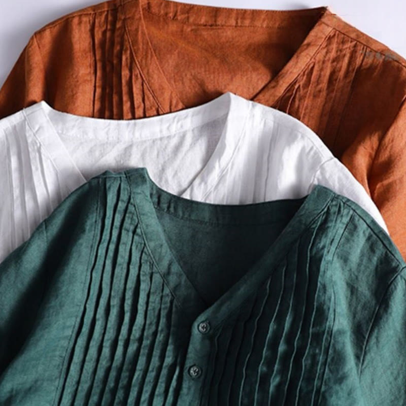 Abito midi in cotone e lino con pieghe a fisarmonica, casual, semplice, con scollo a V, maniche corte e tasche, Buddha Stones - image 16