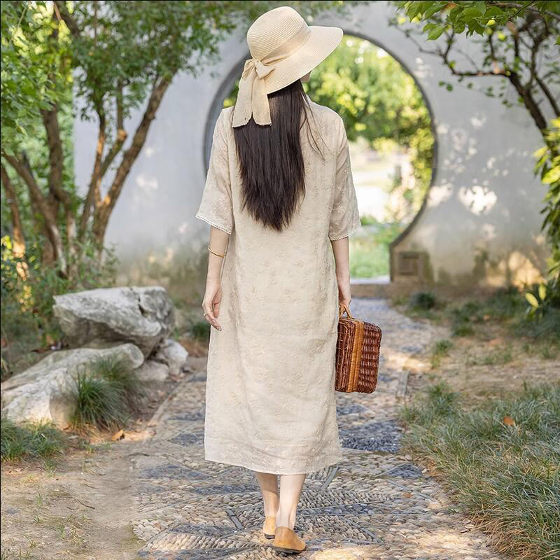 Abito midi in ramie con tasche, colletto obliquo ricamato, manica corta, colletto alto, casual, motivo Buddha Stones