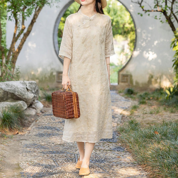 Abito midi in ramie con tasche, colletto obliquo ricamato, manica corta, colletto alto, casual, motivo Buddha Stones