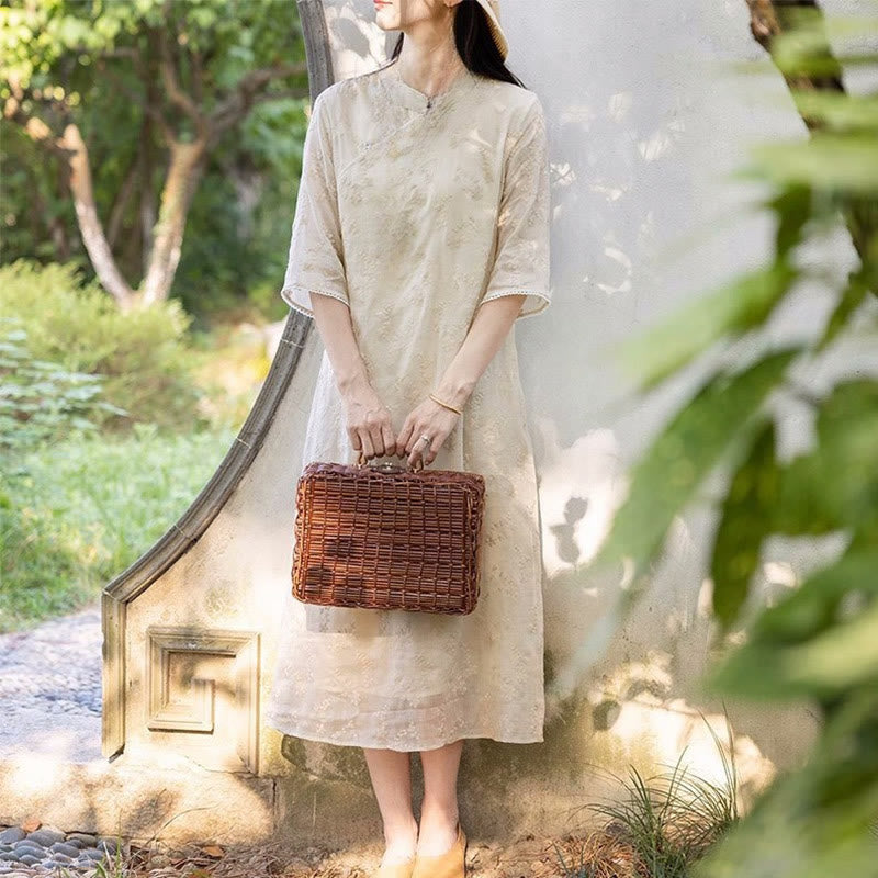 Abito midi in ramie con tasche, colletto obliquo ricamato, manica corta, colletto alto, casual, motivo Buddha Stones