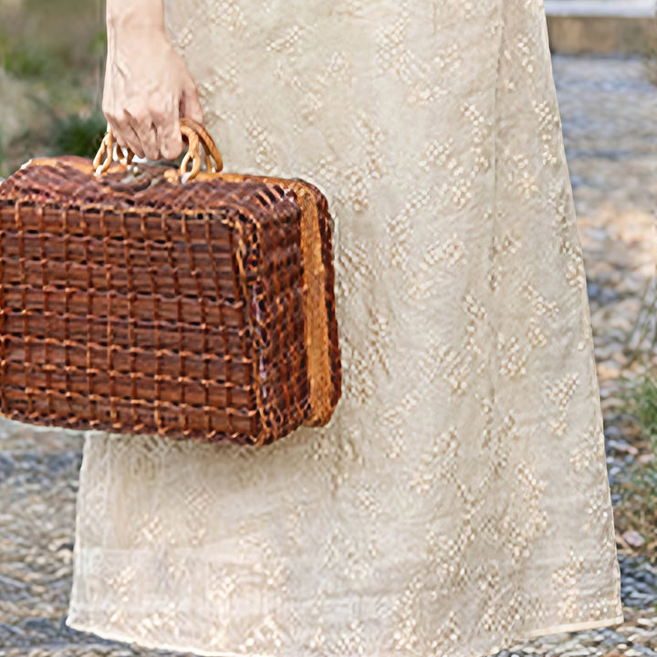 Abito midi in ramie con tasche, colletto obliquo ricamato, manica corta, colletto alto, casual, motivo Buddha Stones