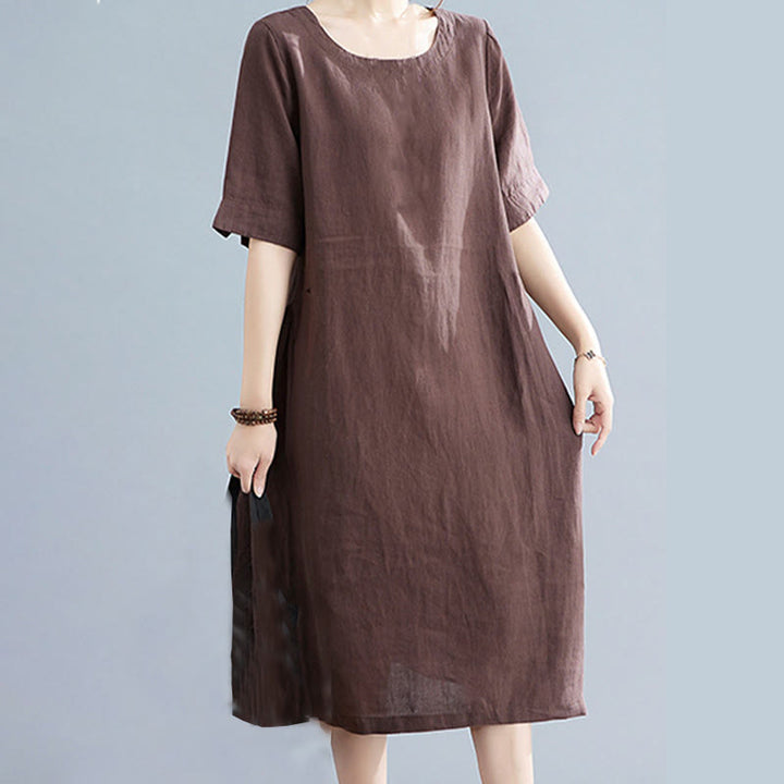 Abito midi casual in cotone e lino con scollo a giro, manica corta, tinta unita, con tasche, stile Buddha Stones