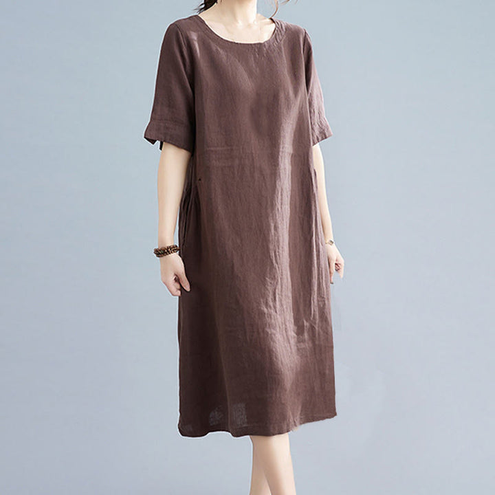 Abito midi casual in cotone e lino con scollo a giro, manica corta, tinta unita, con tasche, stile Buddha Stones