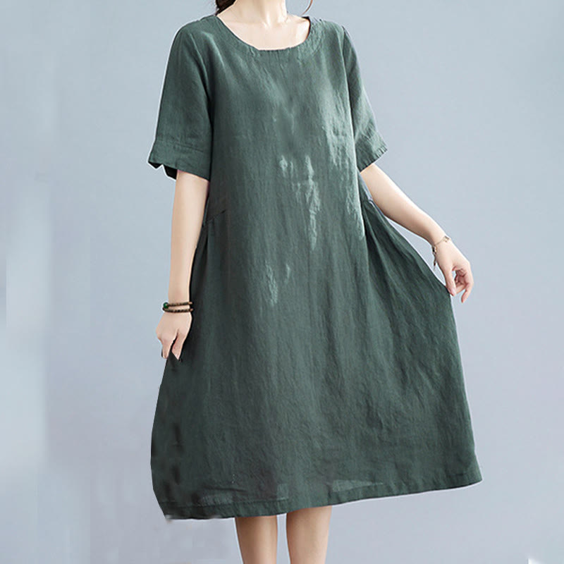 Abito midi casual in cotone e lino con scollo a giro, manica corta, tinta unita, con tasche, stile Buddha Stones