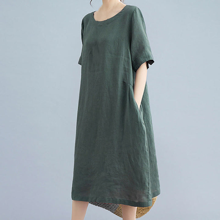 Abito midi casual in cotone e lino con scollo a giro, manica corta, tinta unita, con tasche, stile Buddha Stones