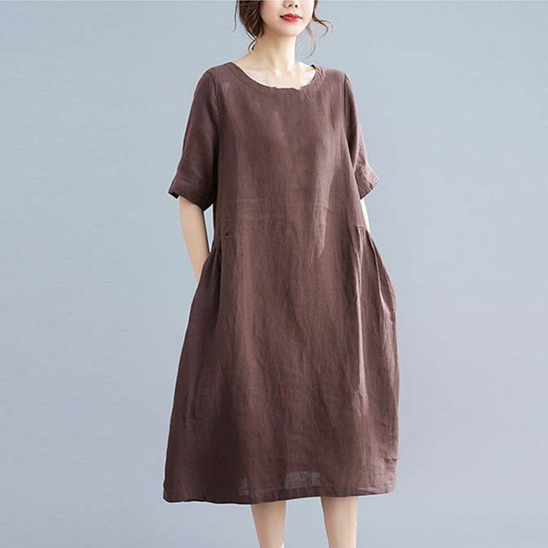Abito midi casual in cotone e lino con scollo a giro, manica corta, tinta unita, con tasche, stile Buddha Stones