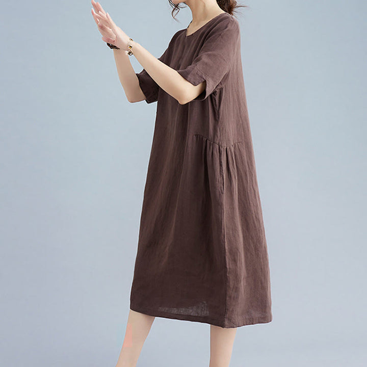 Abito midi casual in cotone e lino con scollo a giro, manica corta, tinta unita, con tasche, stile Buddha Stones