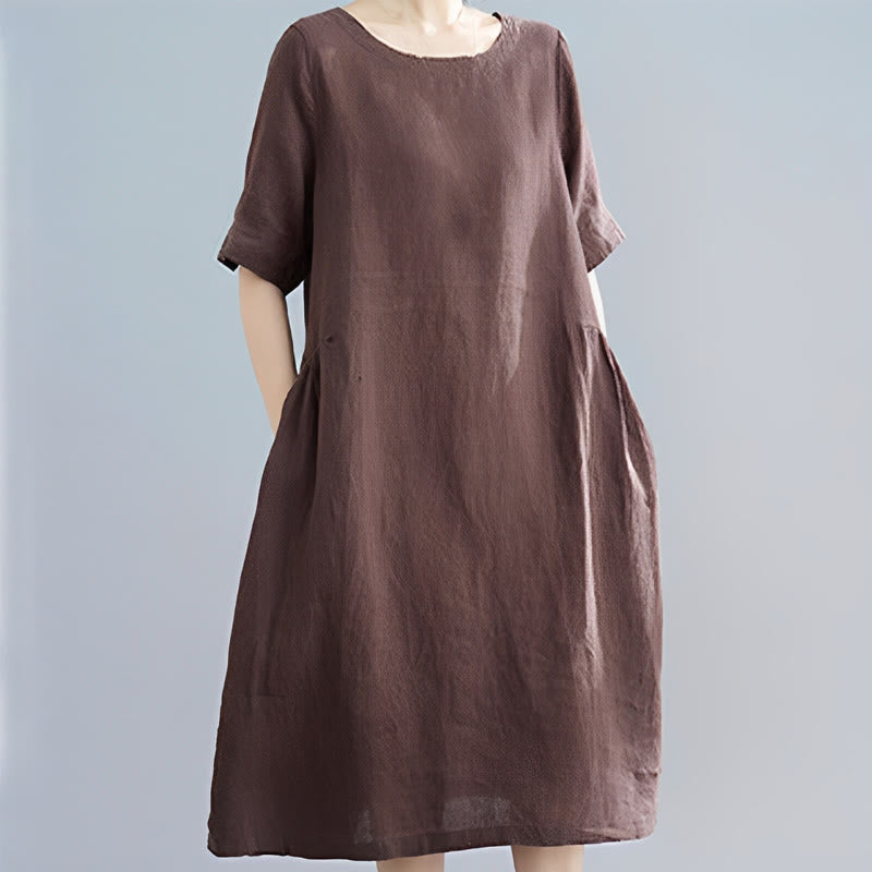 Abito midi casual in cotone e lino con scollo a giro, manica corta, tinta unita, con tasche, stile Buddha Stones
