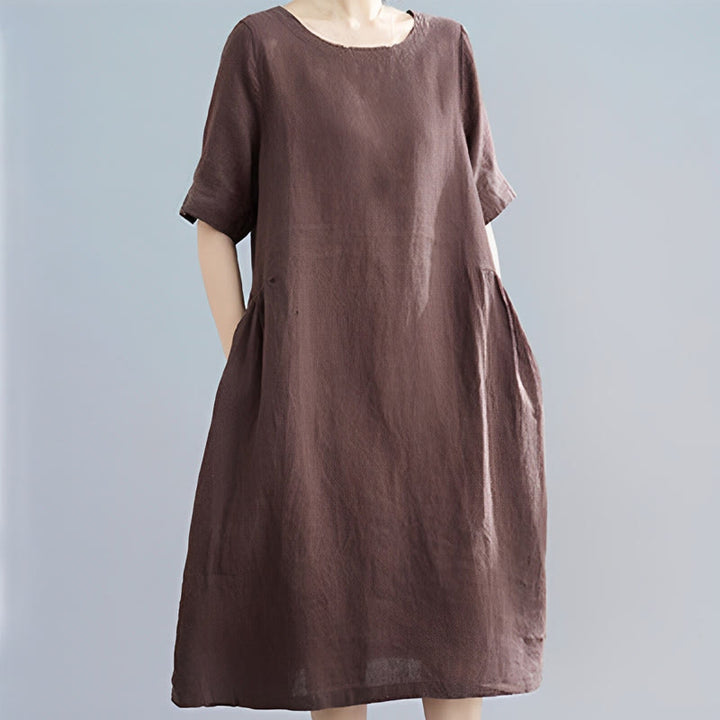 Abito midi casual in cotone e lino con scollo a giro, manica corta, tinta unita, con tasche, stile Buddha Stones