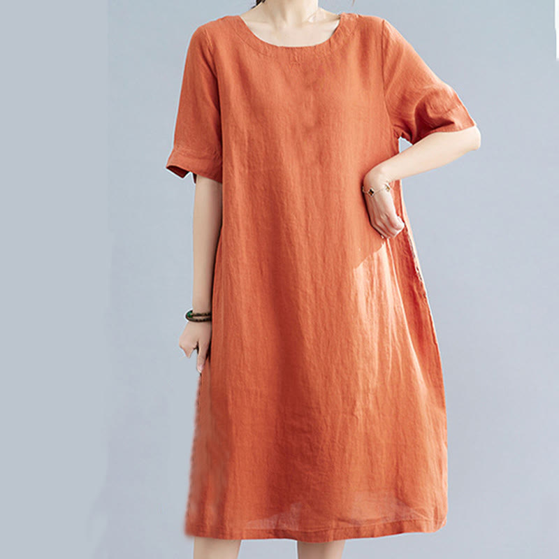 Abito midi casual in cotone e lino con scollo a giro, manica corta, tinta unita, con tasche, stile Buddha Stones