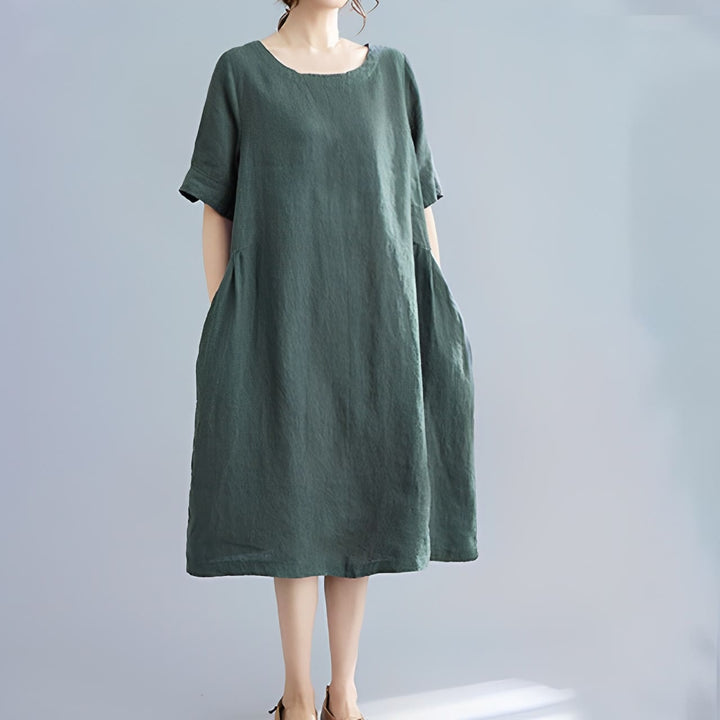 Abito midi casual in cotone e lino con scollo a giro, manica corta, tinta unita, con tasche, stile Buddha Stones