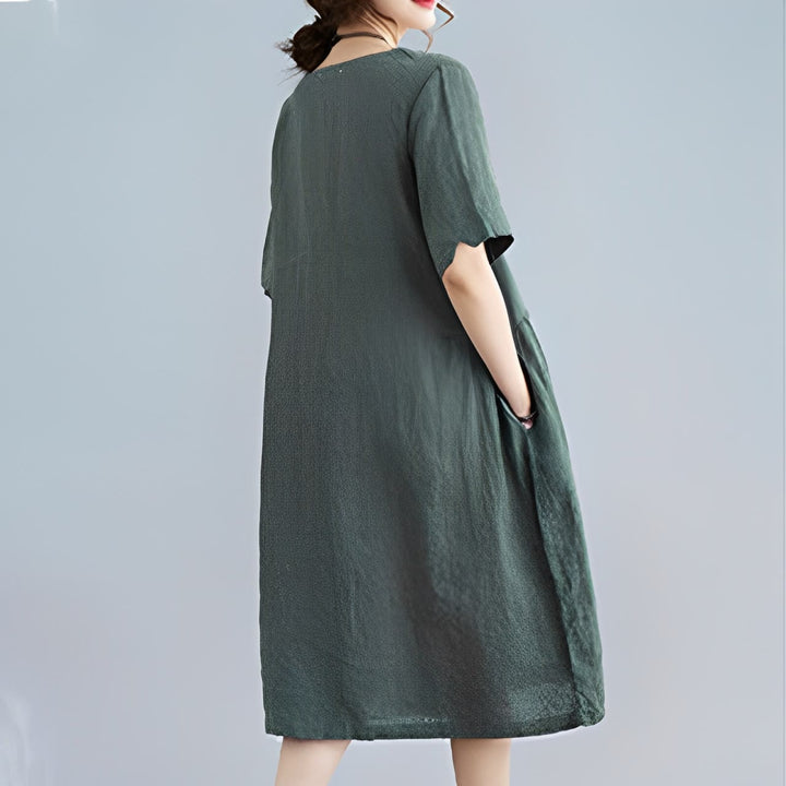 Abito midi casual in cotone e lino con scollo a giro, manica corta, tinta unita, con tasche, stile Buddha Stones
