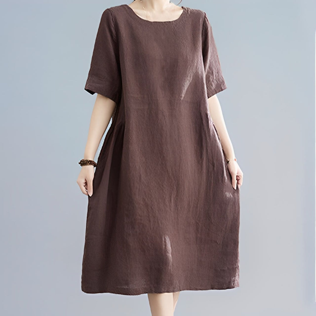 Abito midi casual in cotone e lino con scollo a giro, manica corta, tinta unita, con tasche, stile Buddha Stones