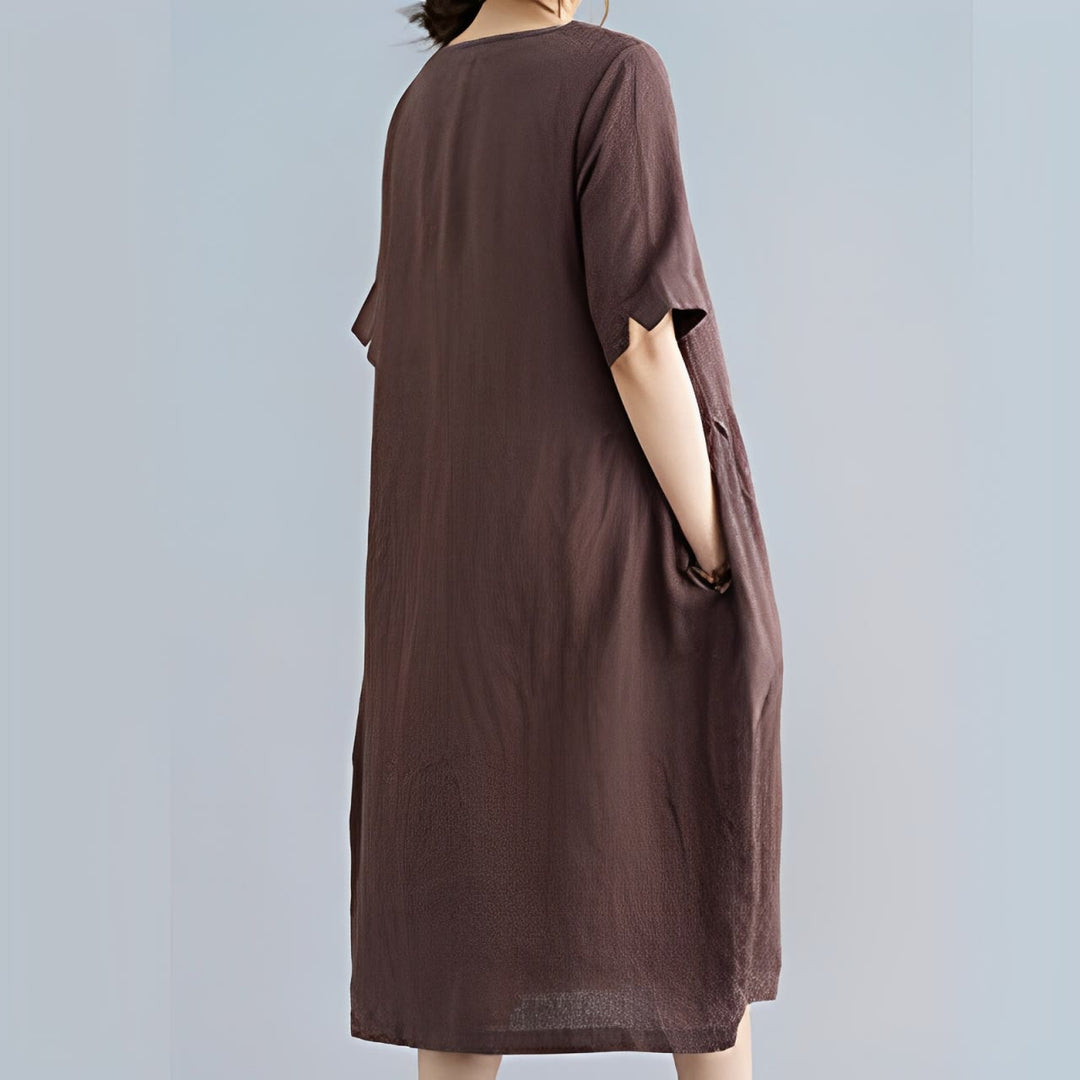 Abito midi casual in cotone e lino con scollo a giro, manica corta, tinta unita, con tasche, stile Buddha Stones