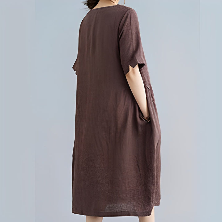 Abito midi casual in cotone e lino con scollo a giro, manica corta, tinta unita, con tasche, stile Buddha Stones