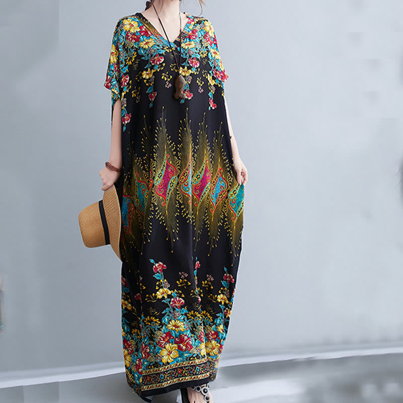 Abito midi in poliestere con tasche, manica corta, scollo a V, stampa floreale casual e ampio, motivo Buddha Stones