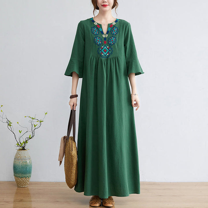 Abito midi in cotone e lino con maniche a tre quarti, scollo a V, motivo floreale ricamato, stile casual, motivo Buddha Stones