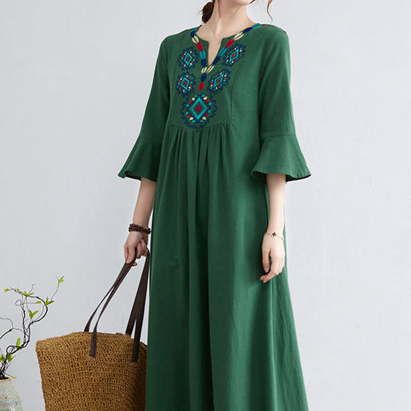 Abito midi in cotone e lino con maniche a tre quarti, scollo a V, motivo floreale ricamato, stile casual, motivo Buddha Stones