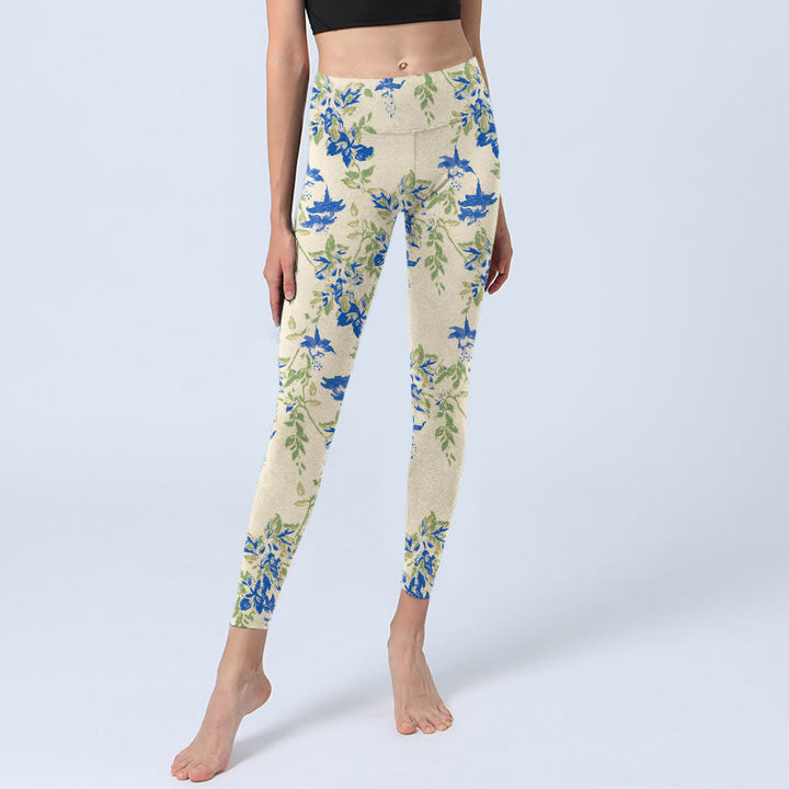 Buddha Stones Casual Blu Scuro Fiore Foglie Stampa Palestra Fitness Leggings Pantaloni Yoga Donna