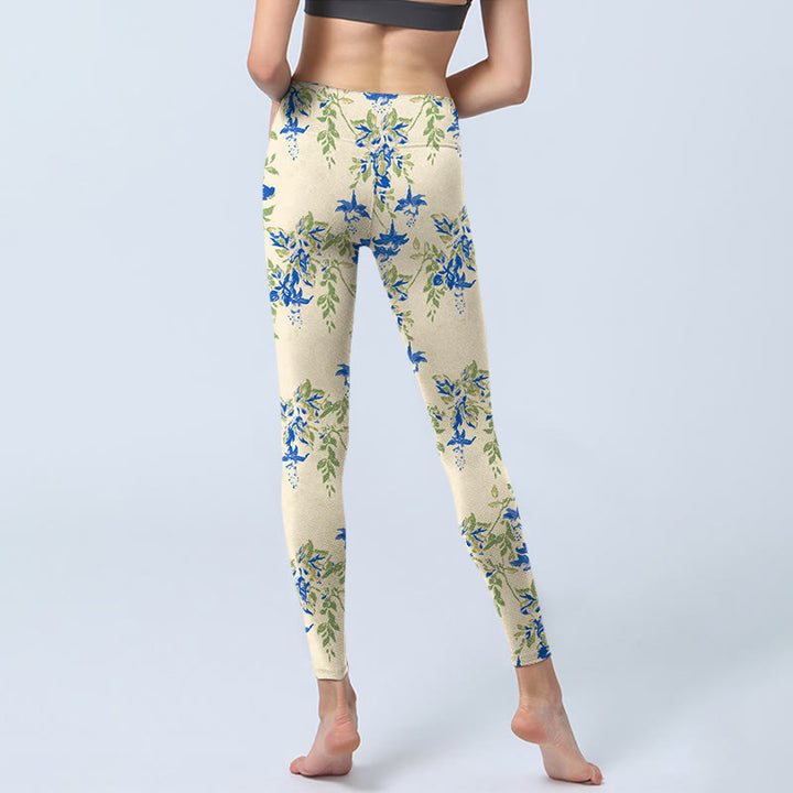 Buddha Stones Casual Blu Scuro Fiore Foglie Stampa Palestra Fitness Leggings Pantaloni Yoga Donna