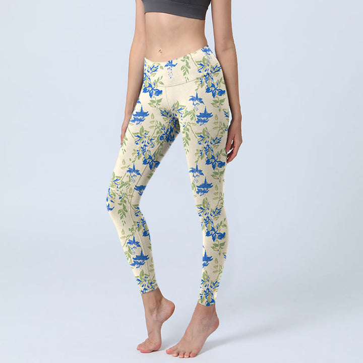 Buddha Stones Casual Blu Scuro Fiore Foglie Stampa Palestra Fitness Leggings Pantaloni Yoga Donna
