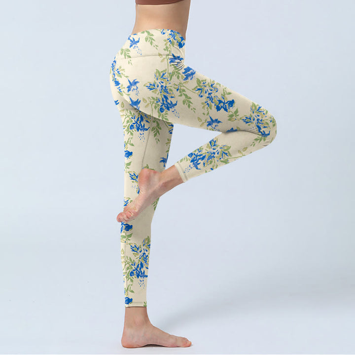 Buddha Stones Casual Blu Scuro Fiore Foglie Stampa Palestra Fitness Leggings Pantaloni Yoga Donna