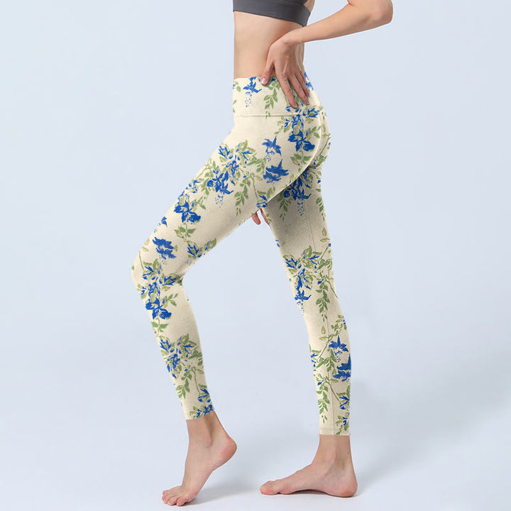 Buddha Stones Casual Blu Scuro Fiore Foglie Stampa Palestra Fitness Leggings Pantaloni Yoga Donna