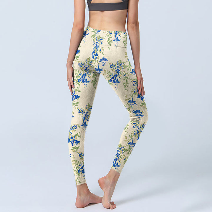 Buddha Stones Casual Blu Scuro Fiore Foglie Stampa Palestra Fitness Leggings Pantaloni Yoga Donna