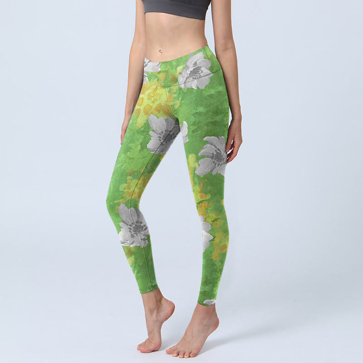 Leggings sportivi da fitness con stampa di fiori grigi e gialli , pantaloni da yoga da donna