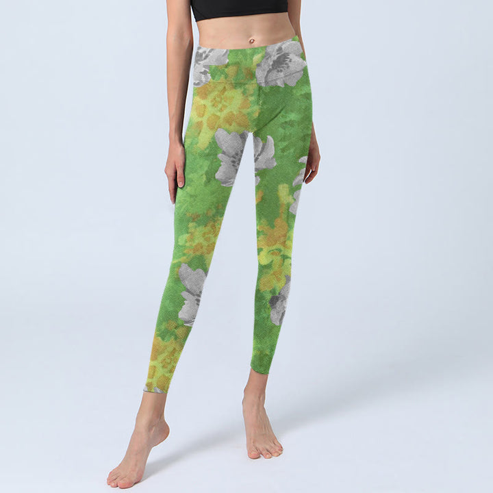 Leggings sportivi da fitness con stampa di fiori grigi e gialli , pantaloni da yoga da donna