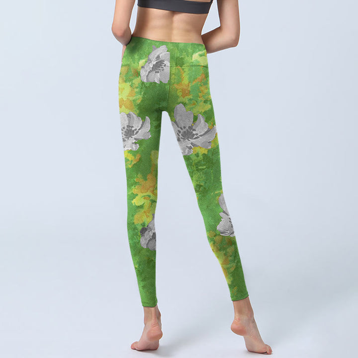 Leggings sportivi da fitness con stampa di fiori grigi e gialli , pantaloni da yoga da donna
