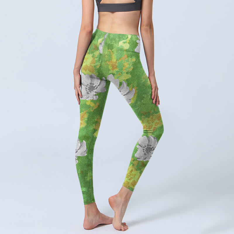 Leggings sportivi da fitness con stampa di fiori grigi e gialli , pantaloni da yoga da donna