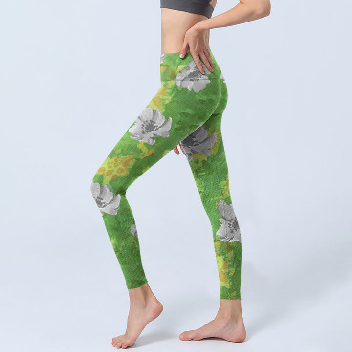 Leggings sportivi da fitness con stampa di fiori grigi e gialli , pantaloni da yoga da donna