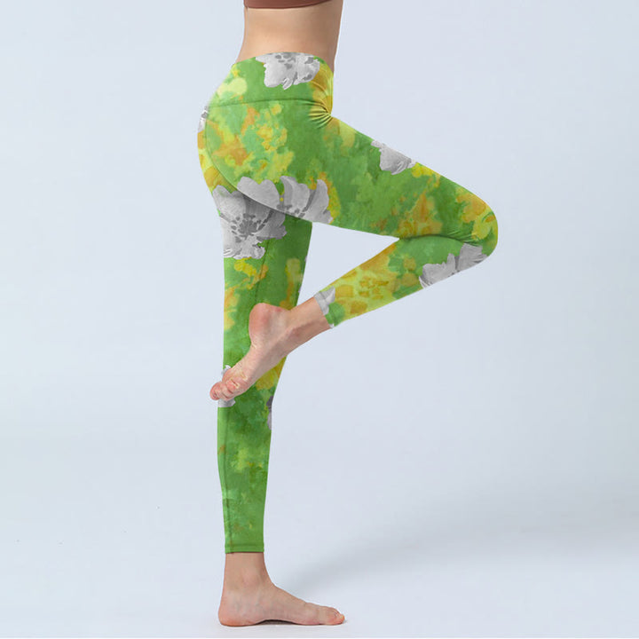 Leggings sportivi da fitness con stampa di fiori grigi e gialli , pantaloni da yoga da donna